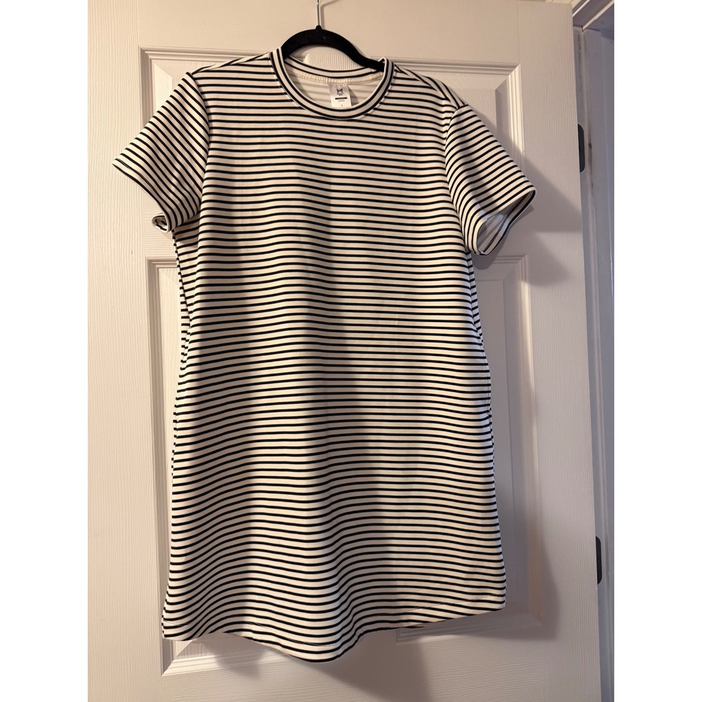 Member's Mark Dress Women L White Black Striped Sandwash Short Sleeve Midi